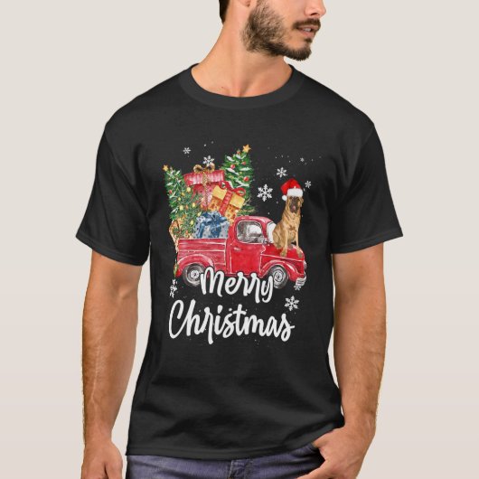 Funny Mastiff Ride Red Truck Merry Christmas Pajam Tシャツ (正面)
