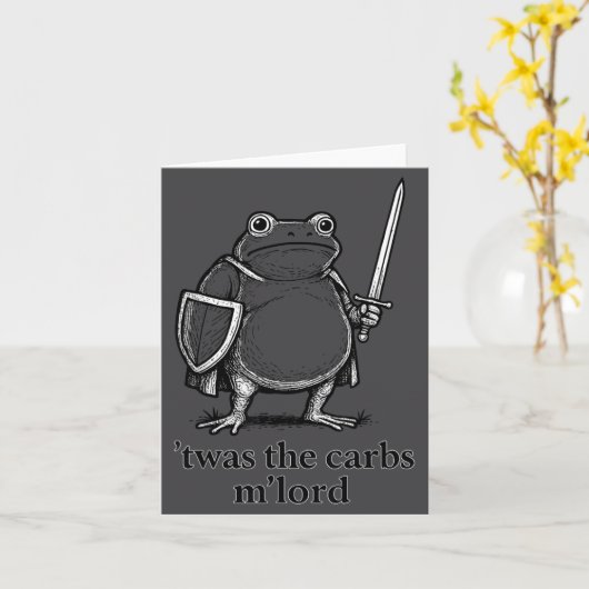 Funny Medieval Frog Meme Carbs Knight M'lord Quote カード (黄色い花)