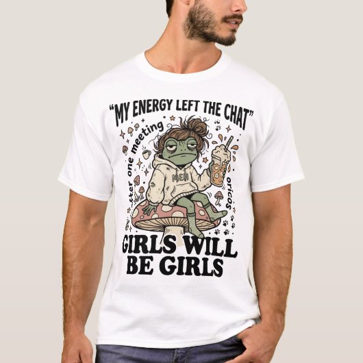 Funny Meh Frog with Coffee & Messy Bun Mushroom Il Tシャツ (正面)
