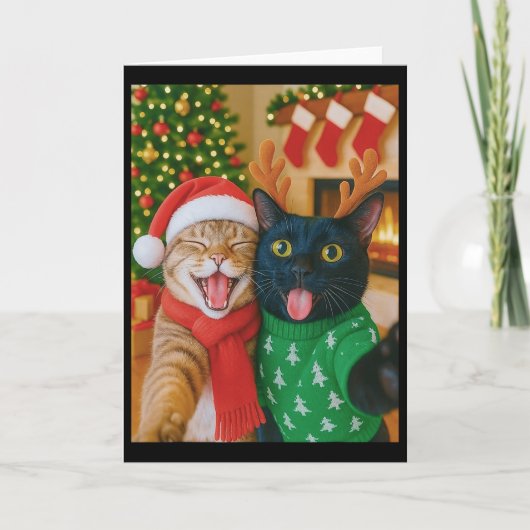 Funny Meme Cat Taking A Selfie Christmas Xmas Ligh カード (正面)