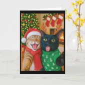 Funny Meme Cat Taking A Selfie Christmas Xmas Ligh カード (黄色い花)