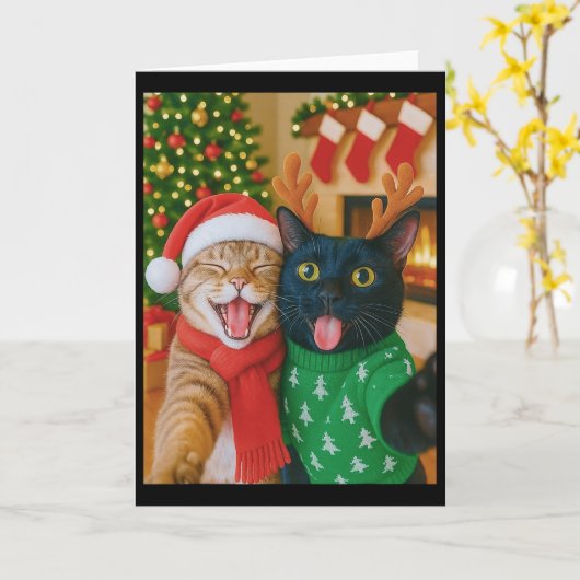 Funny Meme Cat Taking A Selfie Christmas Xmas Ligh カード (黄色い花)
