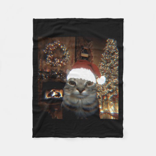 Funny Meme Cat Taking A Selfie Christmas Xmas Ligh フリースブランケット (正面)