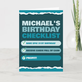 Funny Men's Name Blue Checklist Profit Birthday  カード