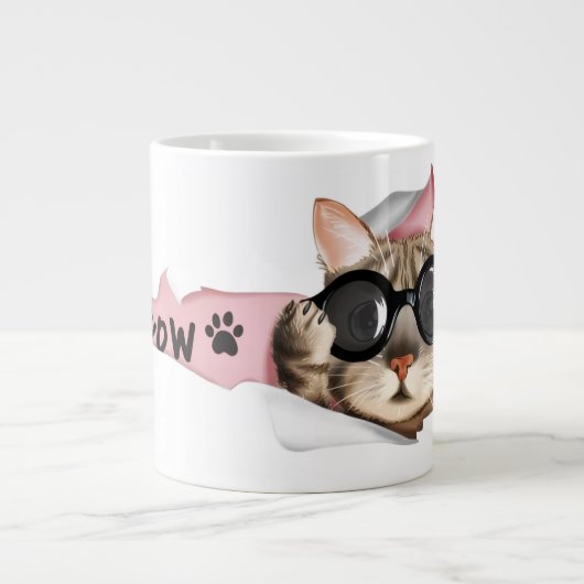 Funny “Meow” Cat with Glasses Design ジャンボコーヒーマグカップ (正面)
