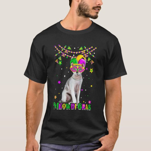 Funny Meowdi Gras Devon Rex Cat Mardi Gras Carniva Tシャツ (正面)