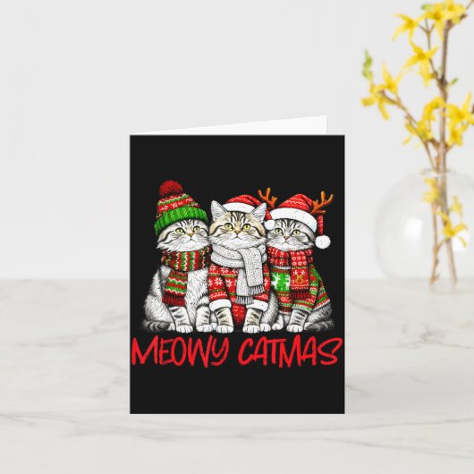 Funny Meowy Catmas Christmas Cats Ugly Sweater Gra カード (黄色い花)