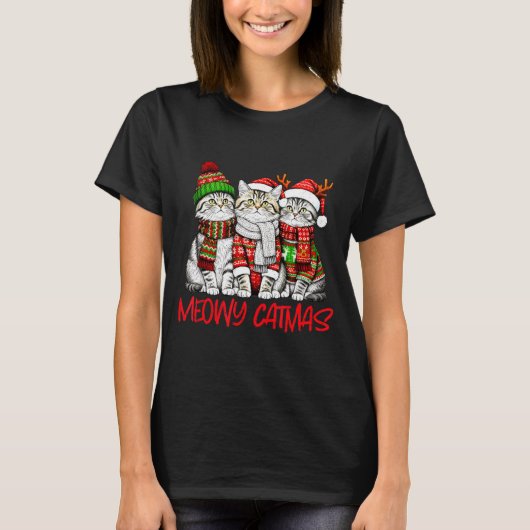 Funny Meowy Catmas Christmas Cats Ugly Sweater Gra Tシャツ (正面)