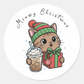 Funny Meowy Christmas Cat Iced Coffee Large Round  ラウンドシール (正面)
