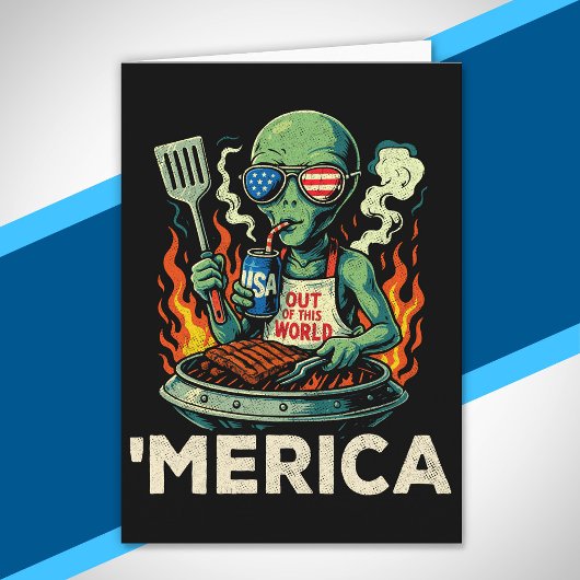 Funny ’Merica Alien BBQ Grilling Patriotic Retro カード