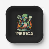 Funny ’Merica Alien BBQ Grilling Patriotic Retro ペーパープレート (正面)