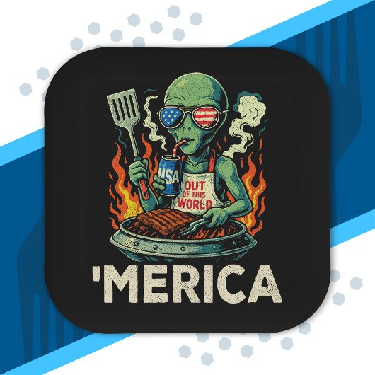 Funny ’Merica Alien BBQ Grilling Patriotic Retro ペーパープレート