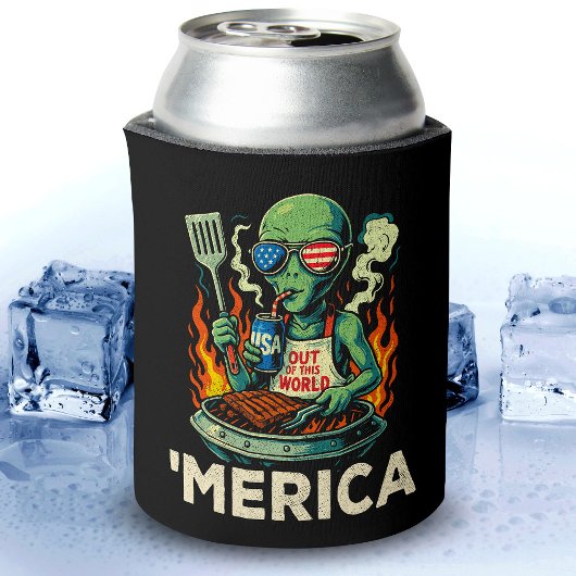 Funny ’Merica Alien BBQ Grilling Patriotic Retro 缶クーラー