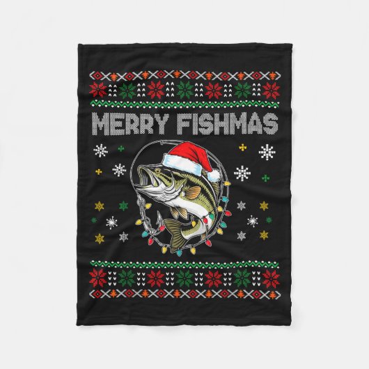 Funny Merry Fishmas B Fishing Christmas Ugly Sweat フリースブランケット (正面)