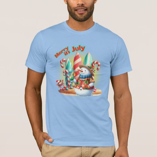 Funny Merry in July Snowman Surfboards on Beach  Tシャツ (正面)