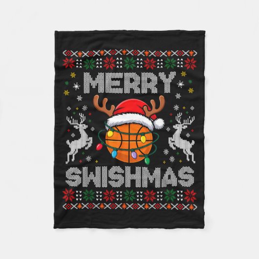 Funny Merry Swishmas Basketball Christmas Reindeer フリースブランケット (正面)