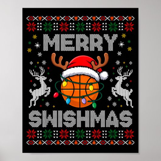 Funny Merry Swishmas Basketball Christmas Reindeer ポスター (正面)