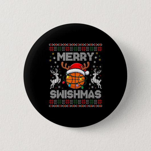 Funny Merry Swishmas Basketball Christmas Reindeer 缶バッジ (正面)