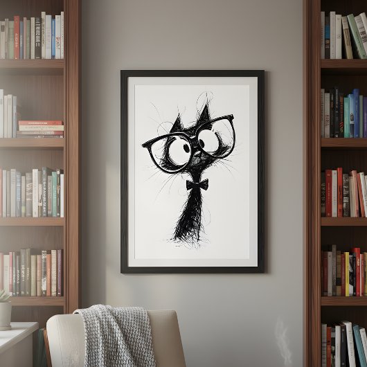 Funny Minimalist Whimsical Nerd Cat with Glasses ポスター