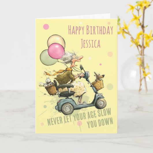 Funny Mobility Scooter Birthday Card カード (黄色い花)