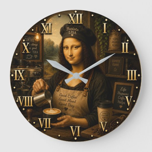 Funny Mona Lisa Barista Coffee Shop Kitchen ラージ壁時計 (正面)
