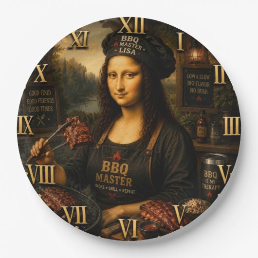 Funny Mona Lisa BBQ Master Barbecue Grill Decor ペーパープレート (正面)
