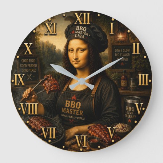 Funny Mona Lisa BBQ Master Barbecue Grill Decor ラージ壁時計 (正面)