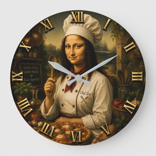 Funny Mona Lisa Chef Kitchen Decor ラージ壁時計 (正面)
