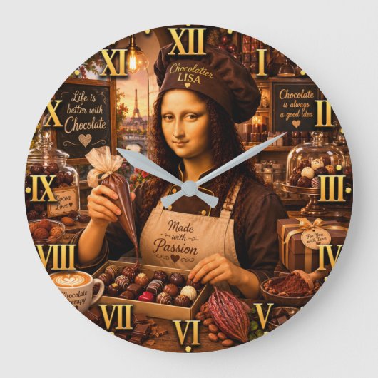 Funny Mona Lisa Chocolatier Gourmet Candy Maker ラージ壁時計 (正面)