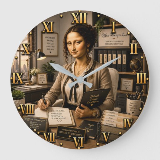 Funny Mona Lisa Office Manager Office Organization ラージ壁時計 (正面)