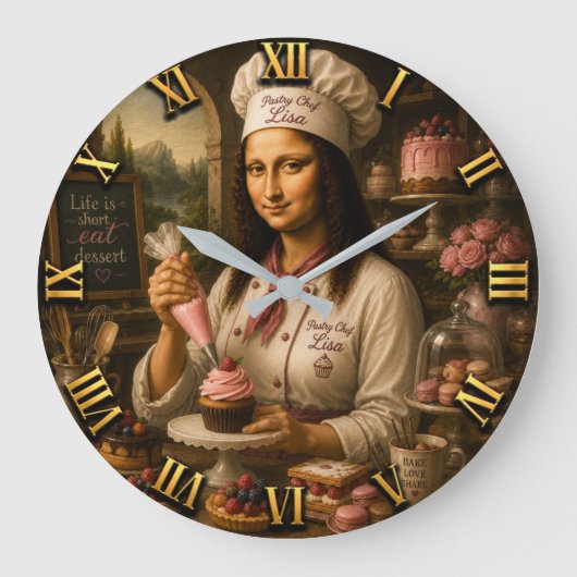 Funny Mona Lisa Pastry Chef Bakery Kitchen Decor ラージ壁時計 (正面)
