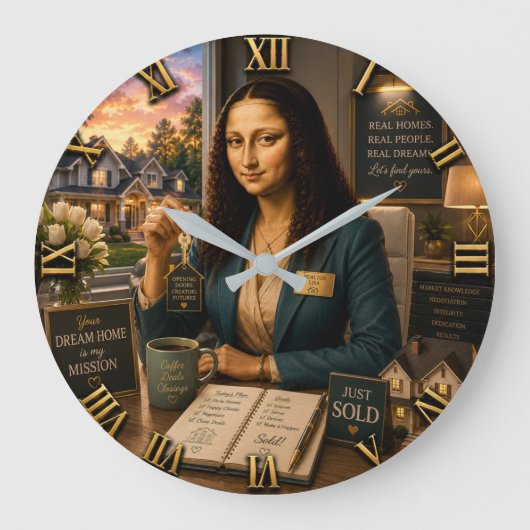 Funny Mona Lisa Realtor Real Estate Office Decor ラージ壁時計 (正面)