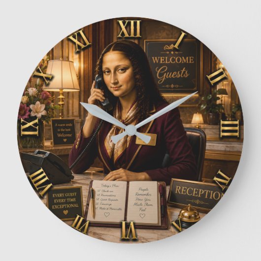 Funny Mona Lisa Receptionist Desk Office Decor ラージ壁時計 (正面)