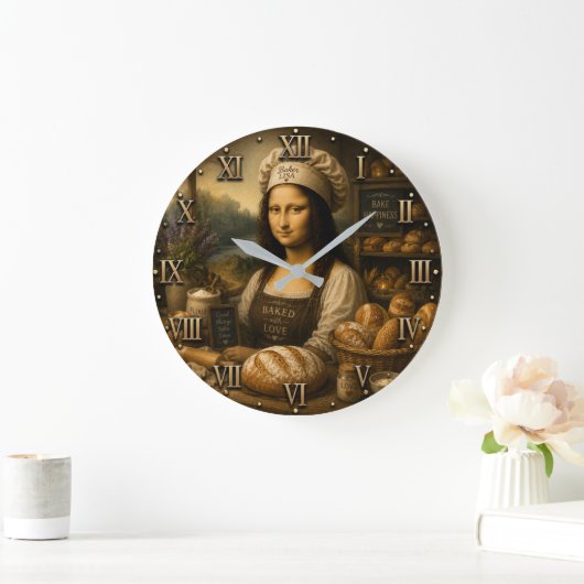 Funny Mona Lisa Rustic Bakery Kitchen Decor ラージ壁時計 (ホーム)
