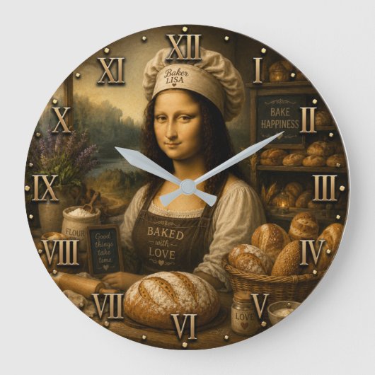 Funny Mona Lisa Rustic Bakery Kitchen Decor ラージ壁時計 (正面)