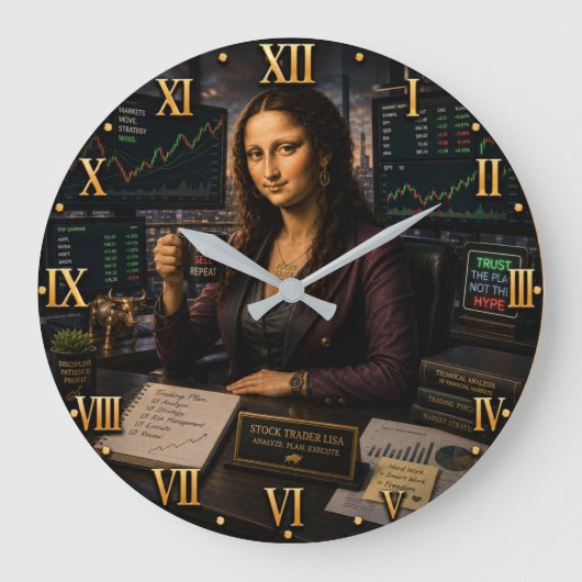Funny Mona Lisa Stock Trader Trading Office Decor ラージ壁時計 (正面)