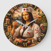 Funny Mona Lisa Sushi Chef Japanese Kitchen Decor ラージ壁時計 (正面)