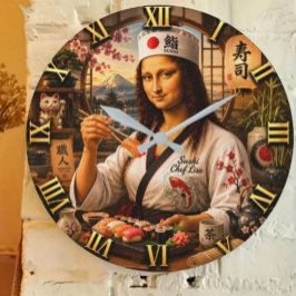 Funny Mona Lisa Sushi Chef Japanese Kitchen Decor ラージ壁時計