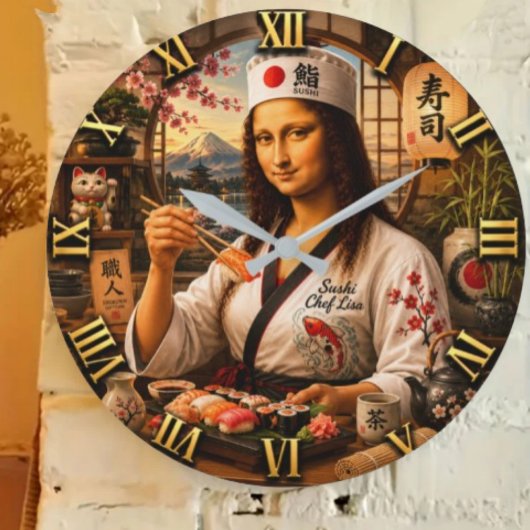 Funny Mona Lisa Sushi Chef Japanese Kitchen Decor ラージ壁時計