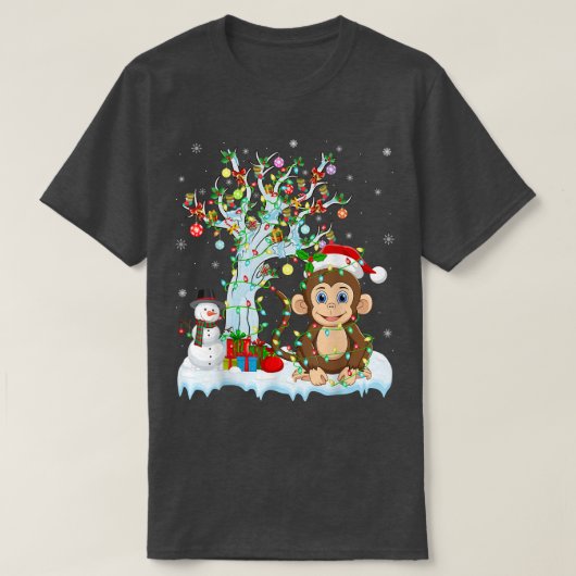 Funny Monkey Xmas Tree Lighting Santa Hat Monkey C Tシャツ (デザイン正面)