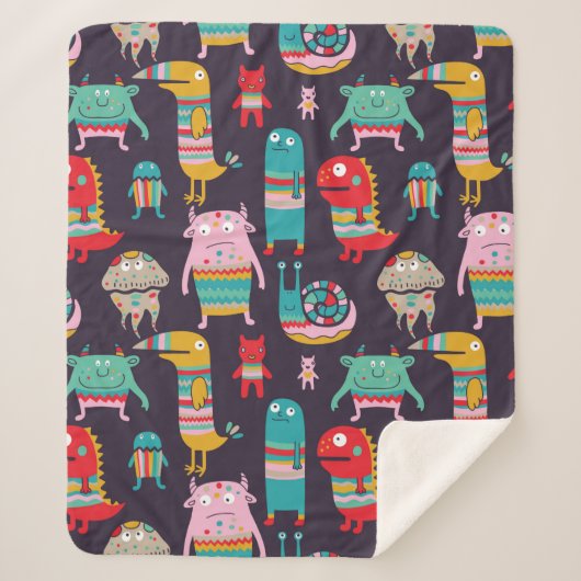 Funny monsters seamless pattern シェルパブランケット (正面)