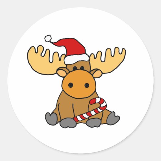 Funny Moose in Santa hat Christmas Cartoon ラウンドシール (正面)