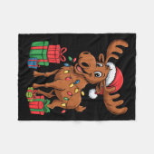 Funny Moose Santa Hat Animals Lovers Ugly Christma フリースブランケット (正面(横))