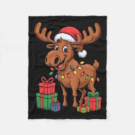 Funny Moose Santa Hat Animals Lovers Ugly Christma フリースブランケット (正面)