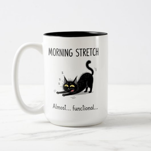 Funny Morning Stretch Almost Functional Cat Mug ツートーンマグカップ (左)
