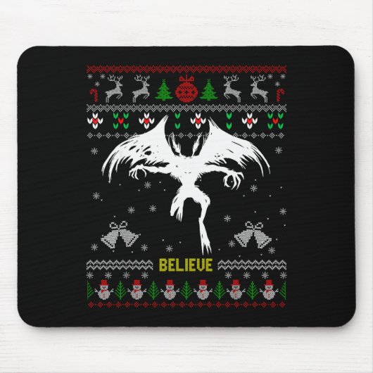 Funny Mothman Ugly Christmas Sweater Believe Crypt マウスパッド (正面)