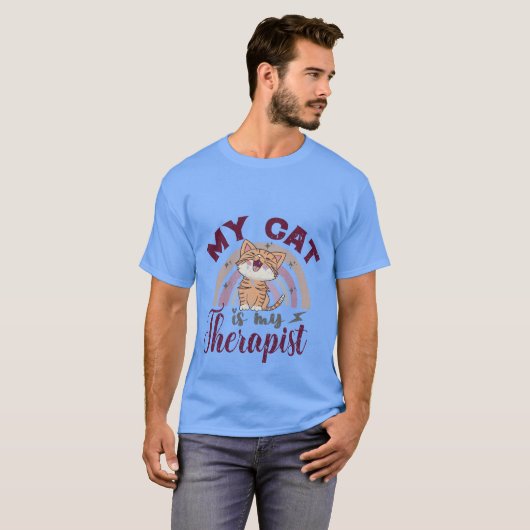 Funny"My Cat Is My Therapist"Retro Rainbow Kitten Tシャツ (正面フル)