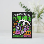 Funny Neon Train Wreck Skeleton Halloween Pun ポストカード (スタンド正面)