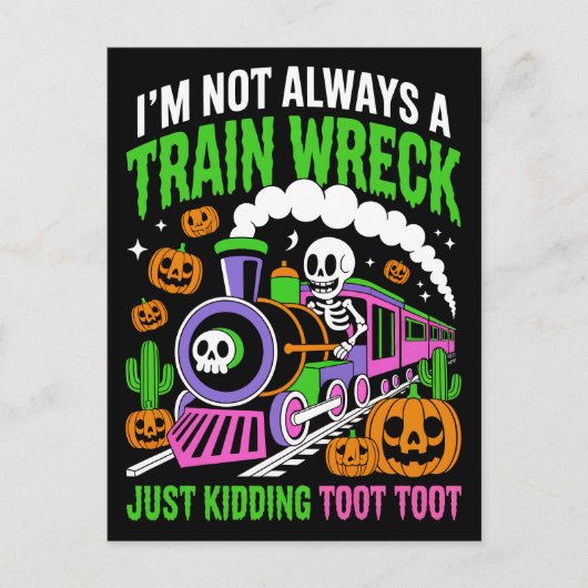 Funny Neon Train Wreck Skeleton Halloween Pun ポストカード (正面)
