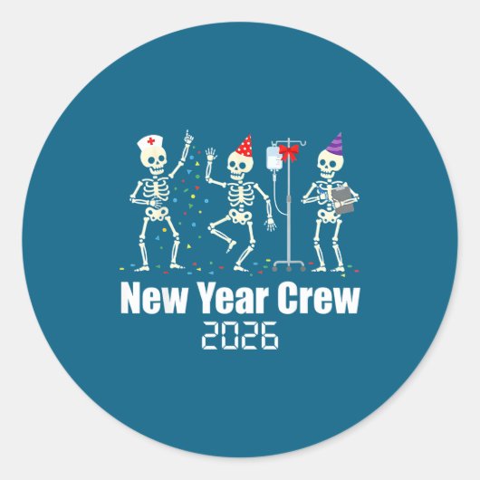 Funny New Year Crew 2026 Medical Skeleton Celebrat ラウンドシール (正面)
